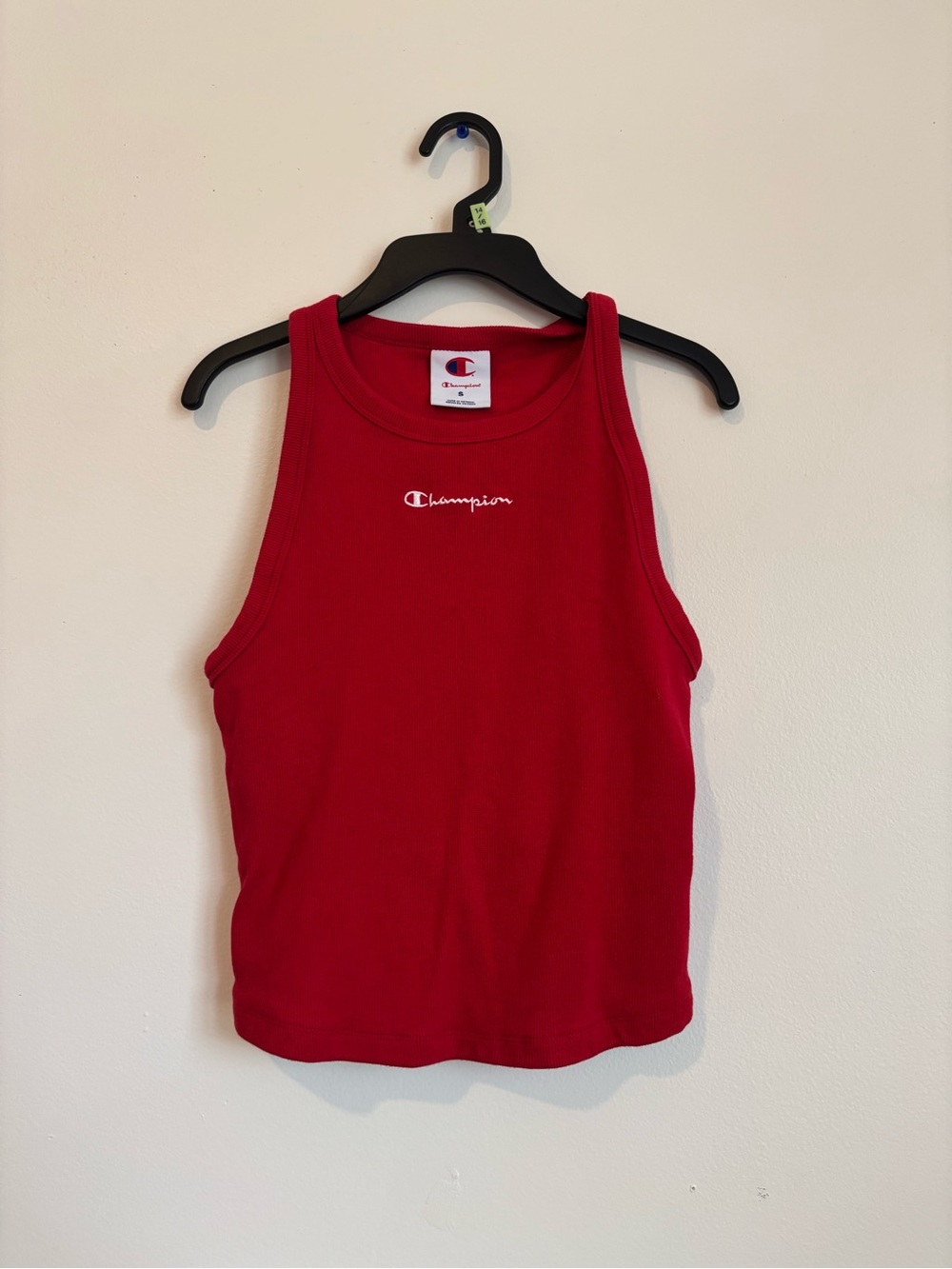 Champion Red Ribbed Crewneck Tank Top with Script Logo